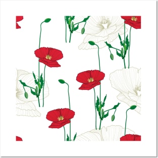 Poppy flowers/wild flowers/white lines poppy/red background/poppy/large scale/summer time/cotton/white flowers Posters and Art